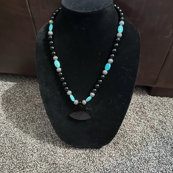 Hand Crafted Black Onyx,Turquoise & Sterling Silver Beaded Necklace - Picture 1 of 4